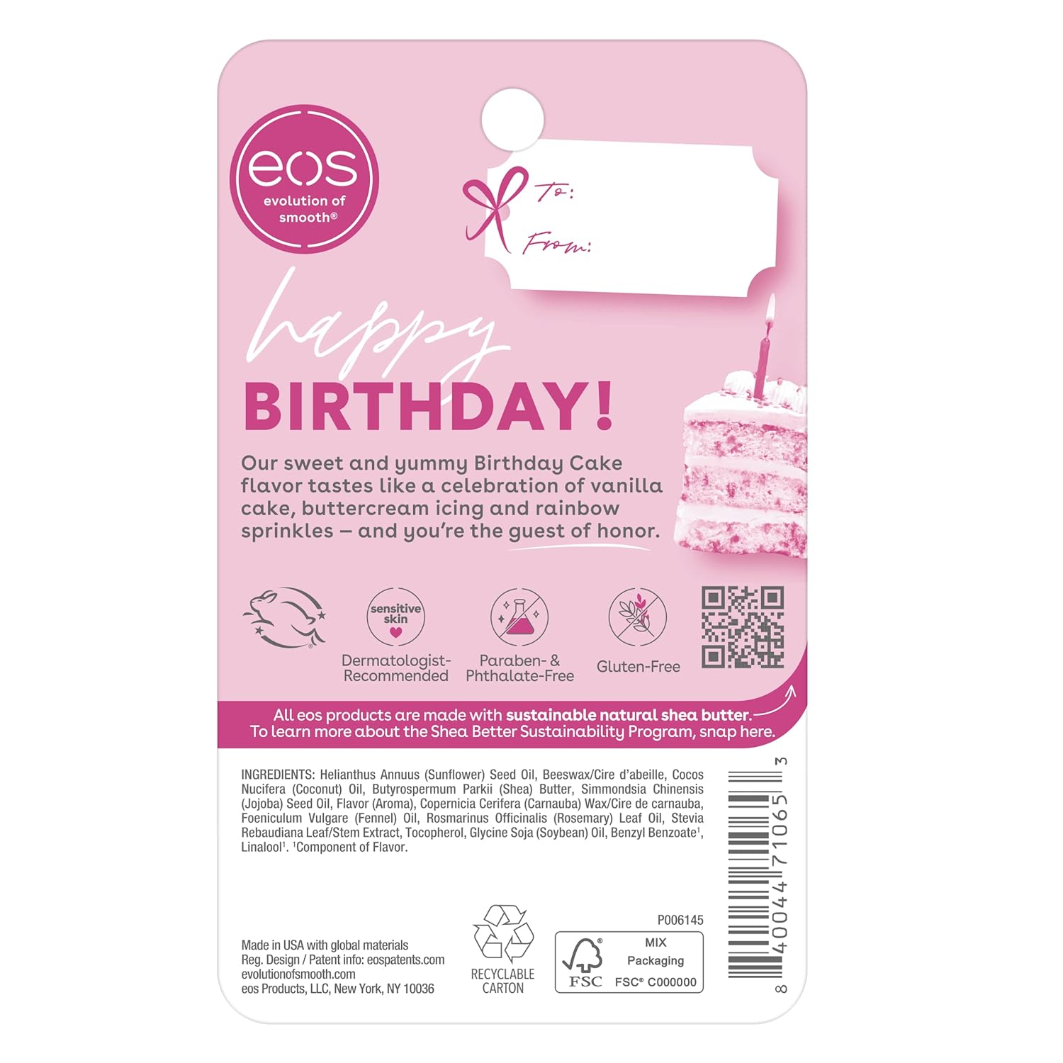 eos Natural Lip Balm Birthday Cake – Spa-Like Cushiony Treatment for Dry Chapped Lips, Shea Butter and Jojoba Oil