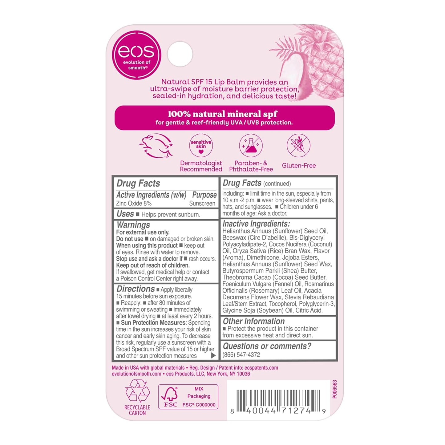 eos Natural SPF 15 Lip Balm – Pineapple Coconut – Hypoallergenic Dermatologist-Recommended Lip Sunscreen for Sensitive & Allergy-Prone Skin, 0.14 oz