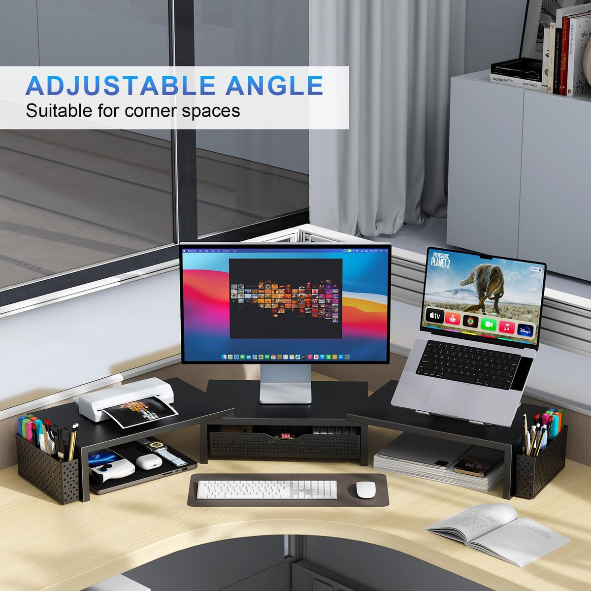 ergonomic riser height that lifts monitors to eye level
