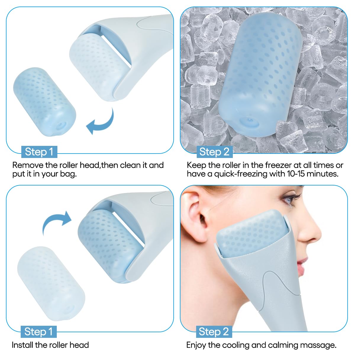 ergonomic roller shape designed for face, eye socket, temples, neck, and chest