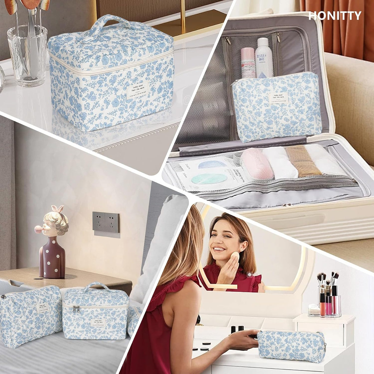 Essential Cosmetic Pouch Collection – Capsule Beauty Storage, Neutral Floral Cotton Bag Set