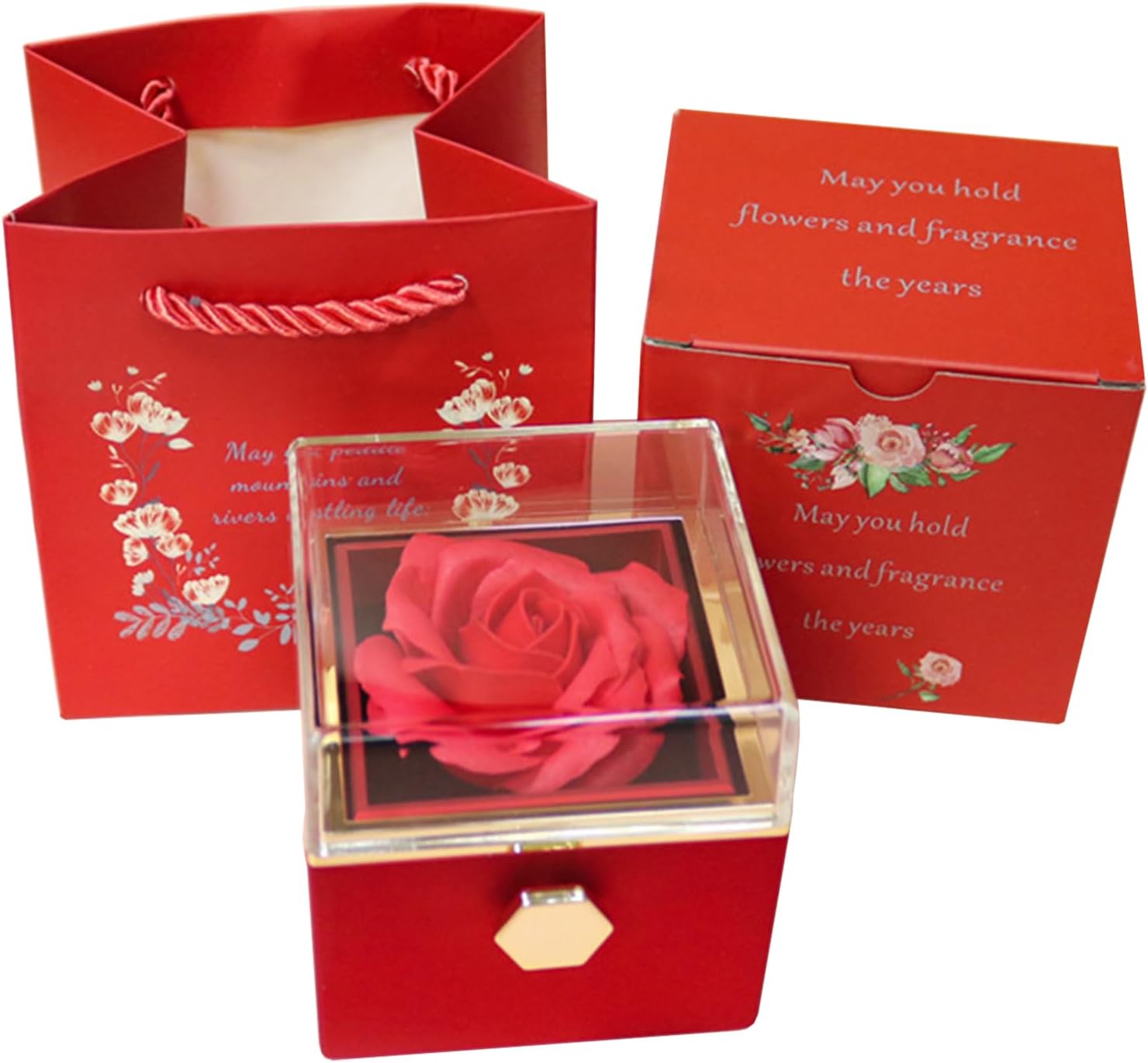 Eternal Rose Ring Box – Romantic Anniversary Gift for Wife, Rotating Hidden Drawer Jewelry Organizer