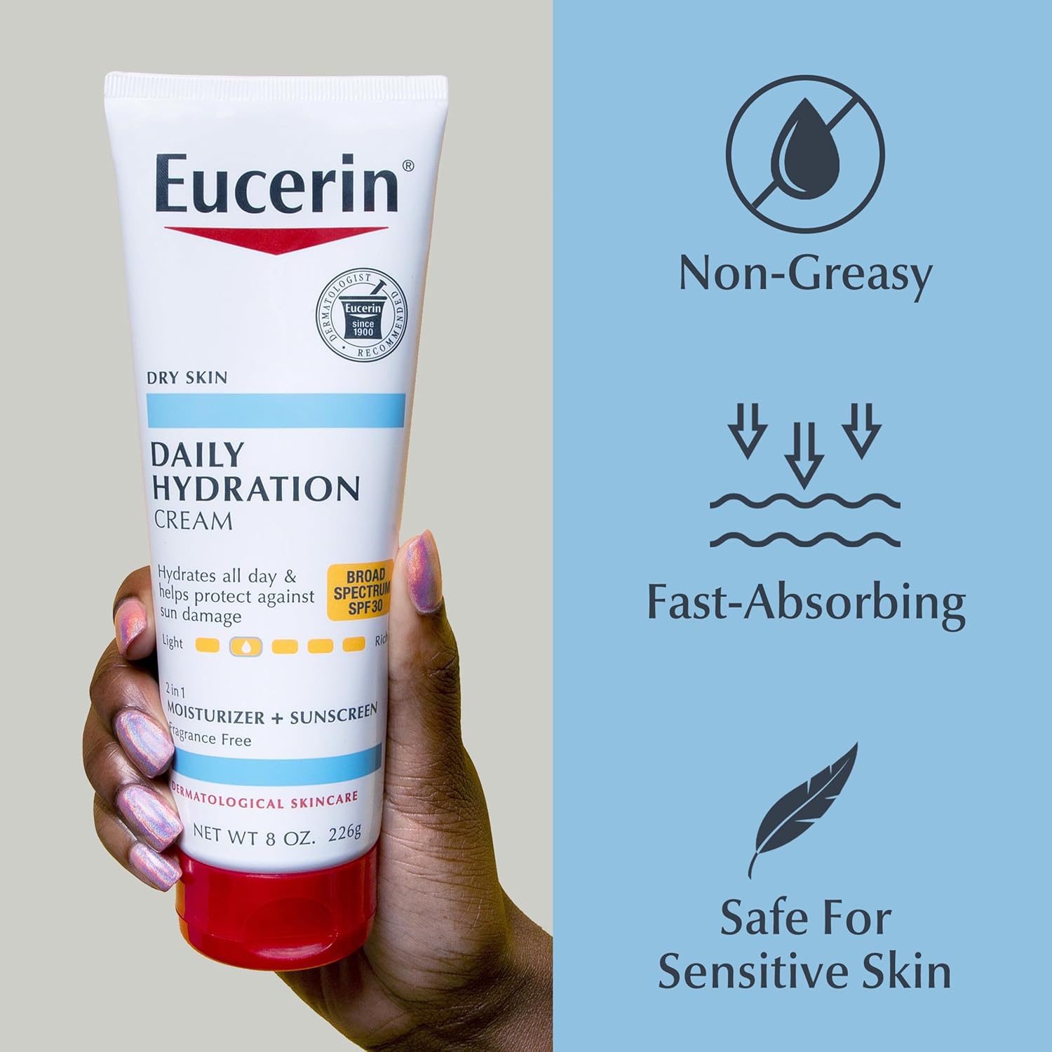 Eucerin Daily Hydration Body Cream with SPF 30 – Self-Care Sun Protection Ritual for Sensitive Skin, 8 Oz