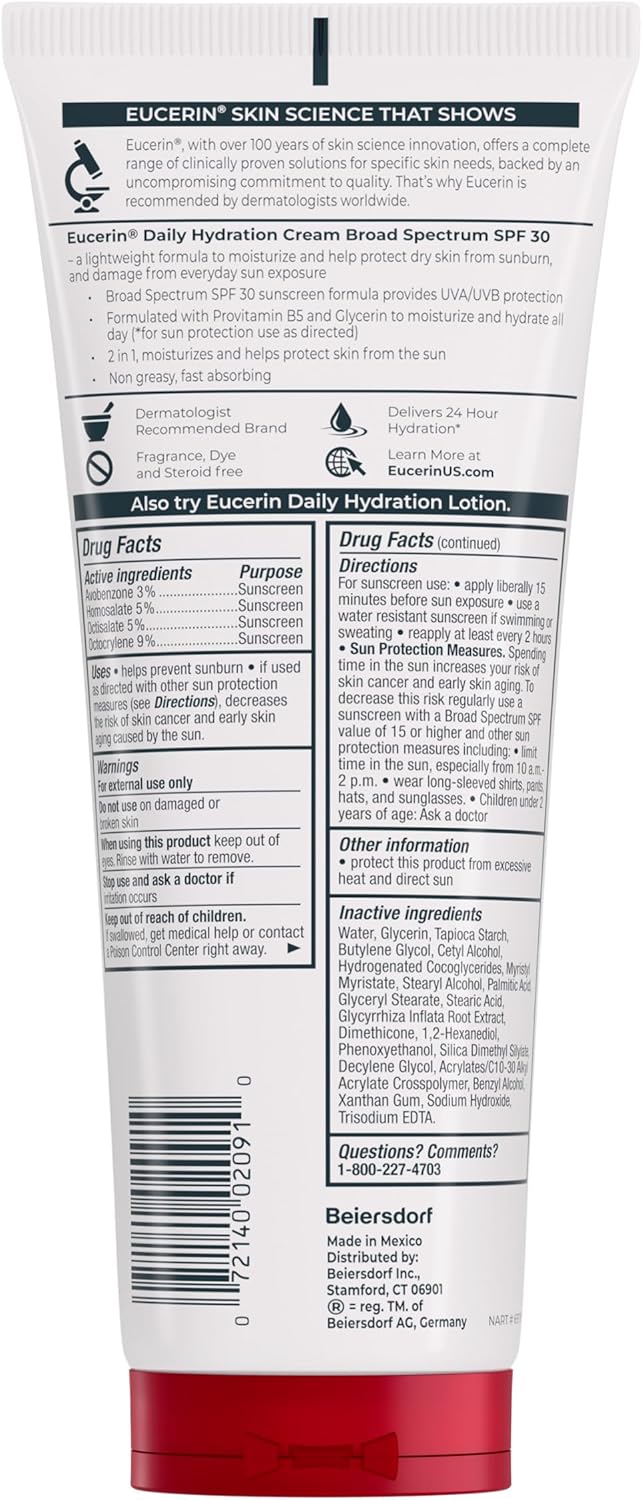 Eucerin Daily Hydration Body Cream with SPF 30 – Self-Care Sun Protection Ritual for Sensitive Skin, 8 Oz