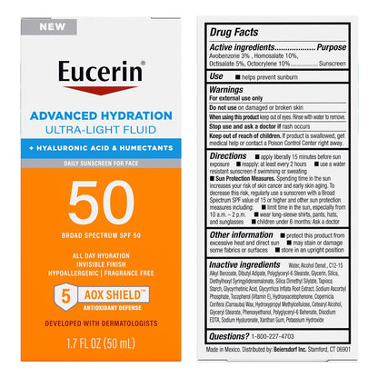 Eucerin Sun Advanced Hydration SPF 50 – Wellness Skincare Staple for Sensitive Skin, Antioxidant Daily Sunscreen with Hyaluronic Acid