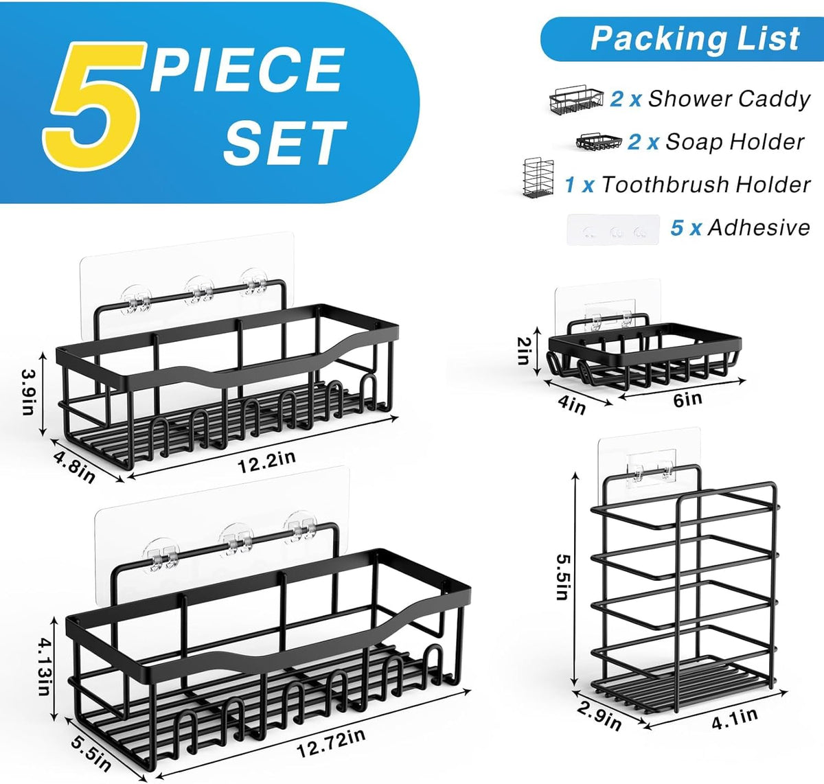 EUDELE Adhesive Shower Caddy — Minimalist Bathroom Storage Set, Clean Lines, No-Drill Stainless Steel