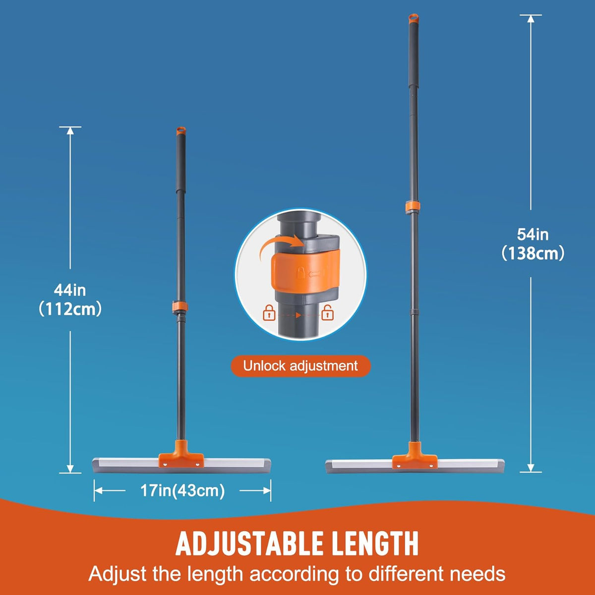 extendable aluminum handle adjustable from 44 to 54 inches with locking mechanism