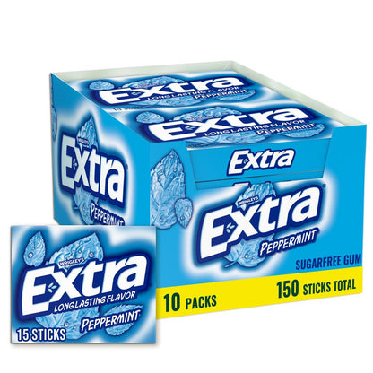 Extra Gum Peppermint Chewing Gum Bulk, Individually Wrapped, Perfect for Fresh Breath at School, Work, and Travel, 15 Count (Pack of 10)