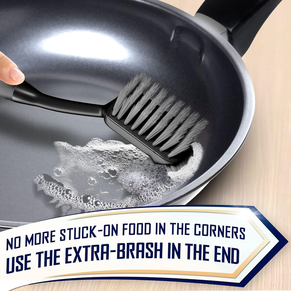 extra-layer strength bristles at the dish brush tip for corner scrubbing
