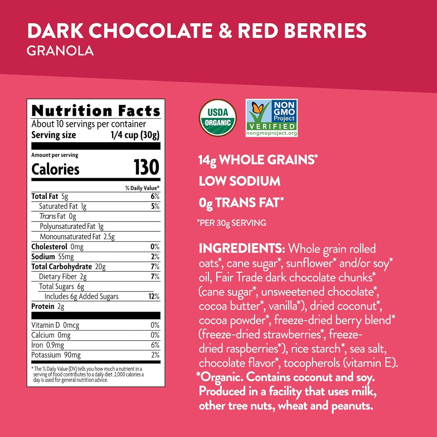 fair trade certified dark chocolate and real fruit inclusions