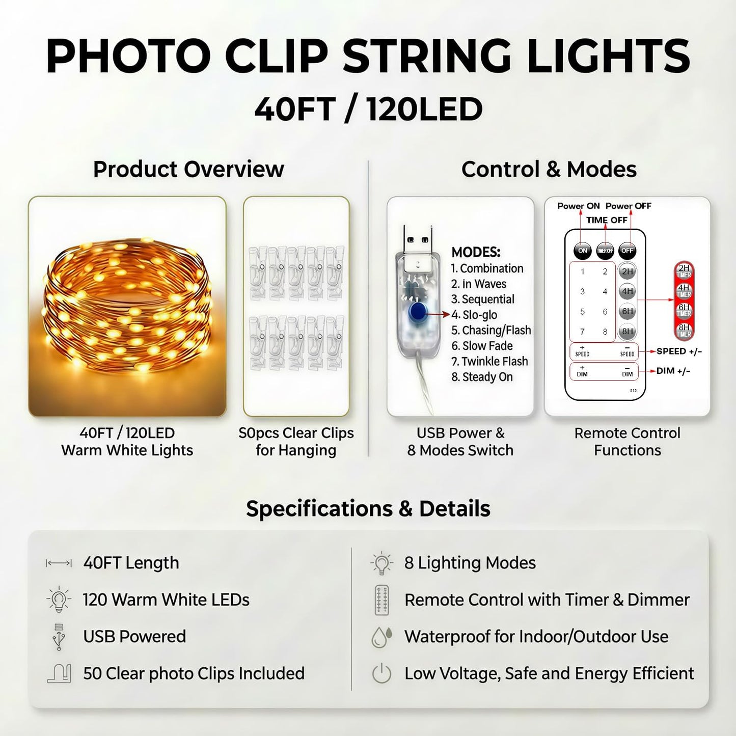 Fairy String Lights for Bedroom Ambiance - 40FT 120LED Warm White Photo Clip Lights, USB Powered Wall Decor for Dorm Apartment