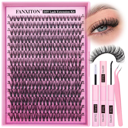FANXITON DIY Lash Extension Kit 30D D Individual Lashes Lash Clusters Kit Cluster Lashes Lash Bond and Seal and Lash Tweezers for Lash Clusters Kit DIY at Home