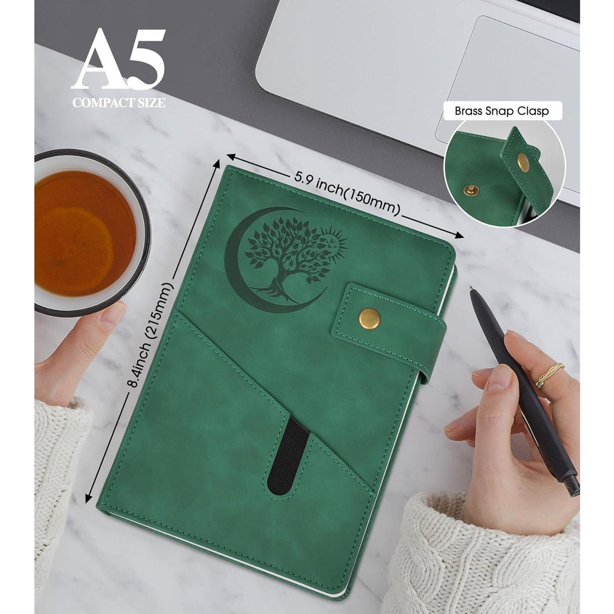 faux leather cover with printed pattern and brass button closure for security