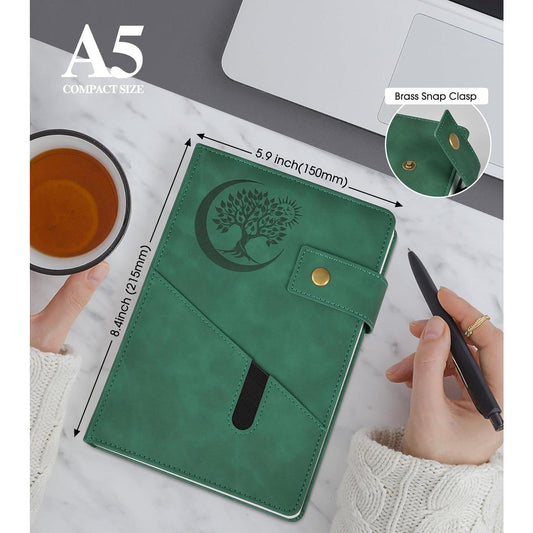 faux leather cover with printed pattern and brass button closure for security