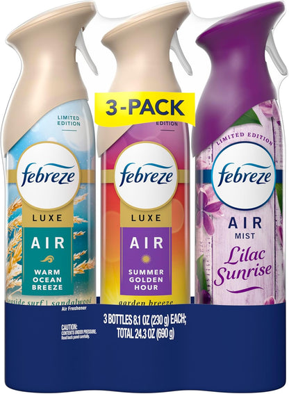 Febreze Air Mist for Kids' Rooms – Non-Toxic Odor Fighter, Lilac Sunrise Summer Peaches Mango Splash 3-Pack