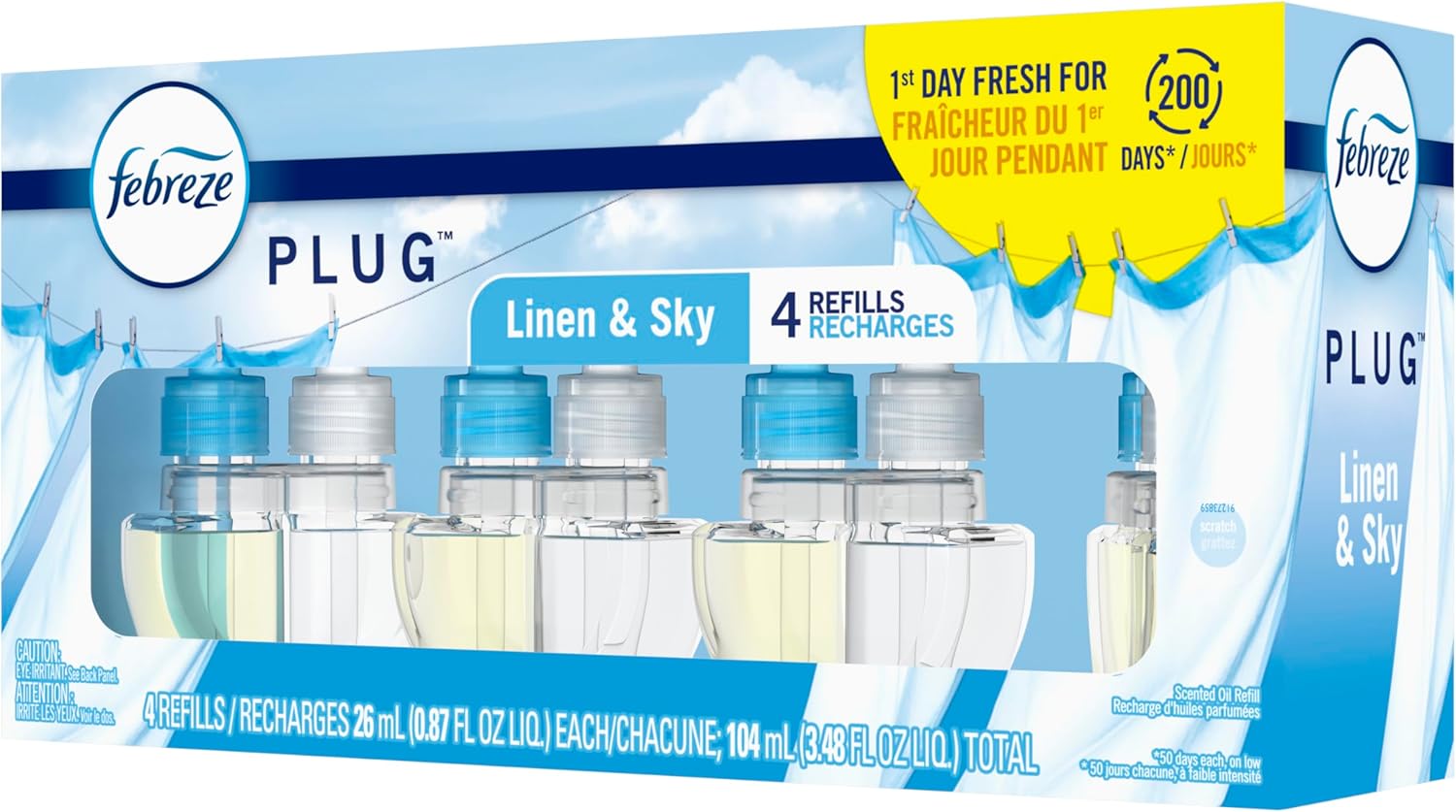 Febreze Fade Defy PLUG Air Freshener Refill, Linen & Sky 4-Pack — 50 Days of Calming Scent for Bedtime and Self-Care Routines