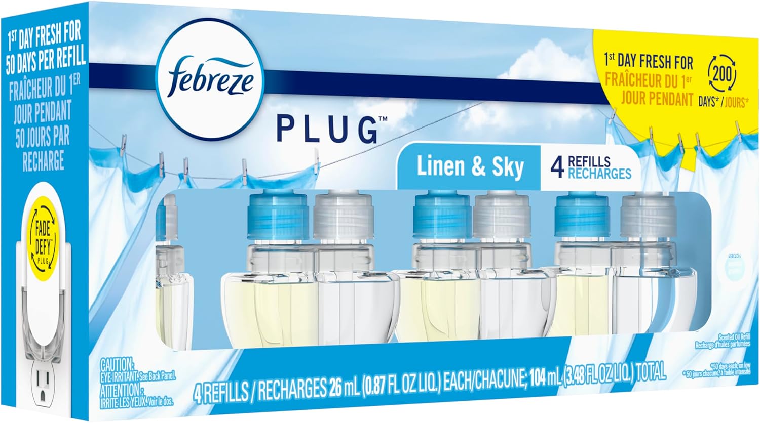 Febreze Fade Defy PLUG Air Freshener Refill, Linen & Sky 4-Pack — 50 Days of Calming Scent for Bedtime and Self-Care Routines