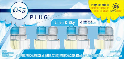 Febreze Fade Defy PLUG Air Freshener Refill, Linen & Sky 4-Pack — 50 Days of Calming Scent for Bedtime and Self-Care Routines
