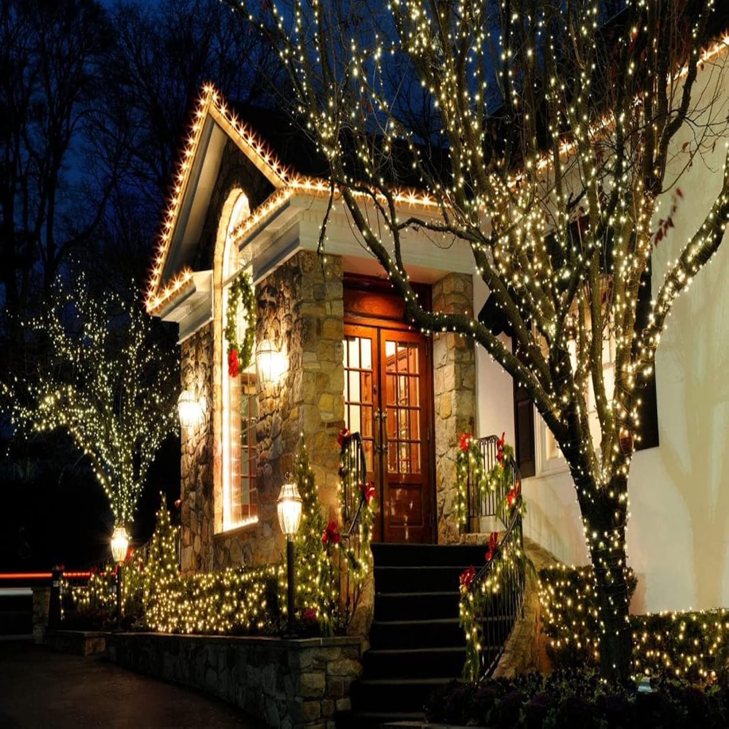 Festive Lights IP65 Waterproof Outdoor Christmas String Lights - 25ft Green Wire for Patio Pergola and Garden Pathway, 50 LED Connectable