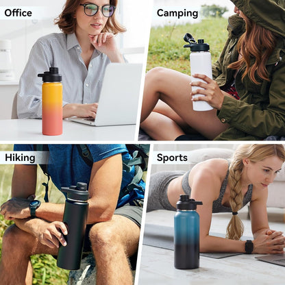 Fijinhom Double Wall Vacuum Water Bottle 24oz Wide Mouth, Desk Friendly Bottle Keeping Drinks Hot During Long Work Sessions