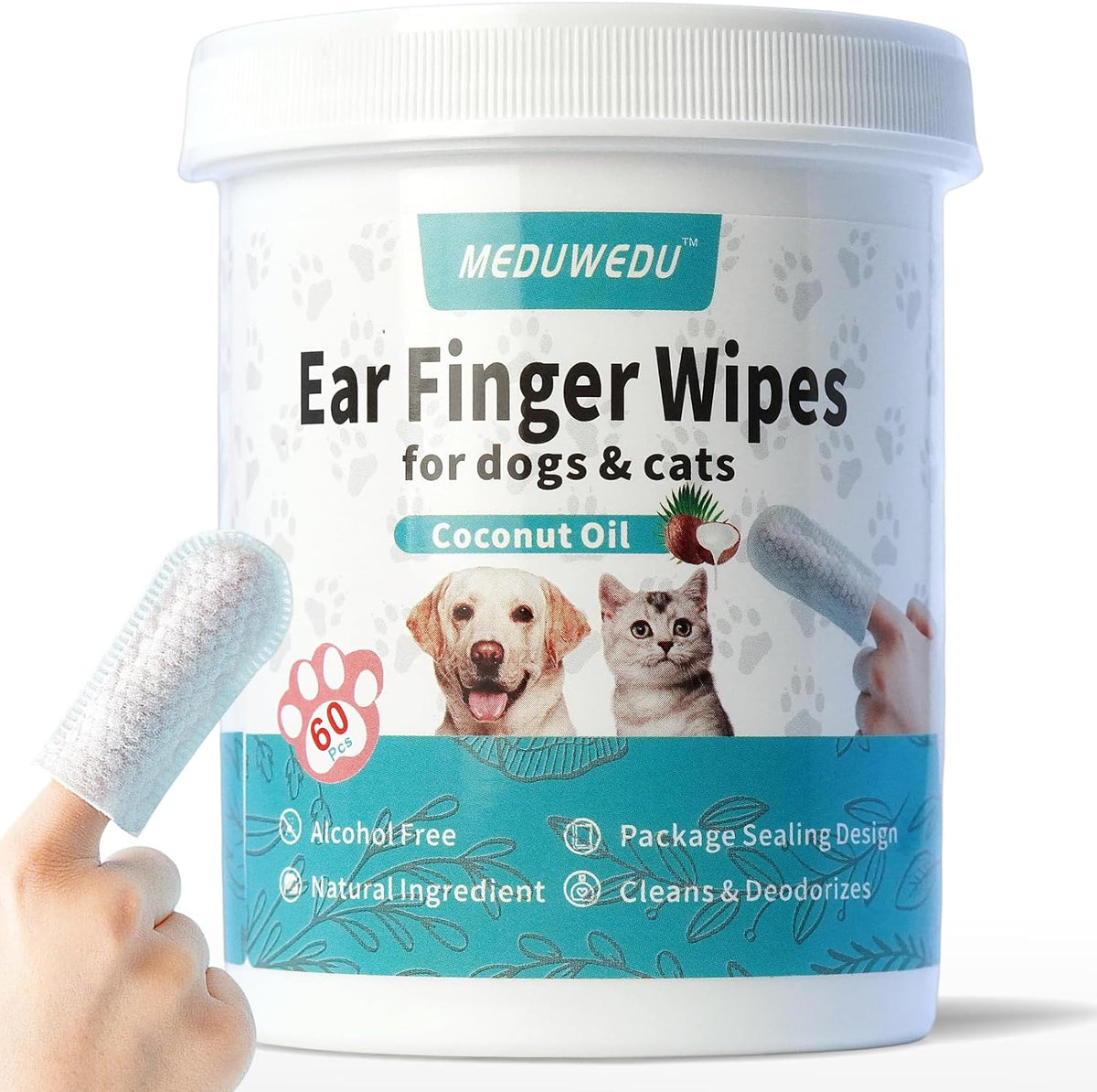 finger-wipe design with non-slip fit that conforms to the pet's ear structure