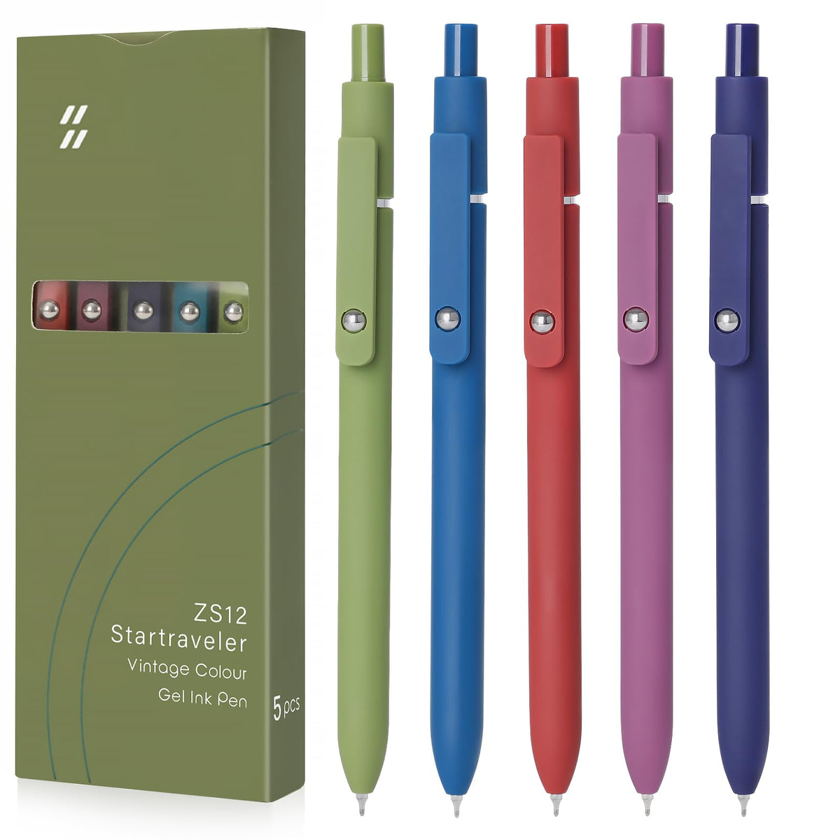 FIOVER High-End Vintage Gel Pens, 5-Pack 0.5mm Fine Point Black Ink Pens with Soft Grip &amp;amp; Metal Clip, Smooth Writing Retractable Pens for Journaling, Office, Note Taking(Retro color)