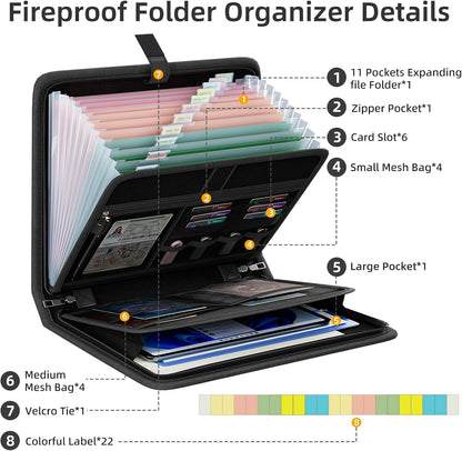 FireShield Docs Fireproof Accordion File Organizer – Expandable A4 Letter Compatible Folder with Built In Zipper Pocket for Remote Workers