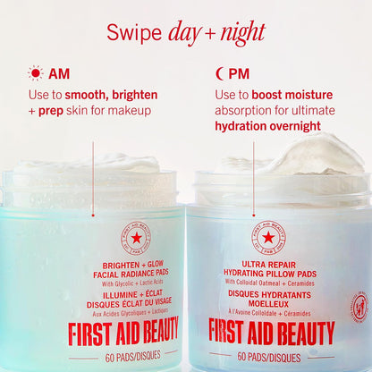 First Aid Beauty Brighten + Glow Facial Radiance Pads – Restorative Overnight Exfoliation Ritual, Compostable AHA Pads for Brighter Skin