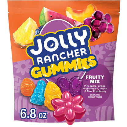five assorted fruit flavors in one bag: pineapple, grape, watermelon, peach, and blue raspberry