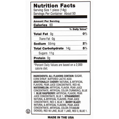 five assorted fruity flavors: strawberry, blue raspberry, watermelon, berry blast, cherry