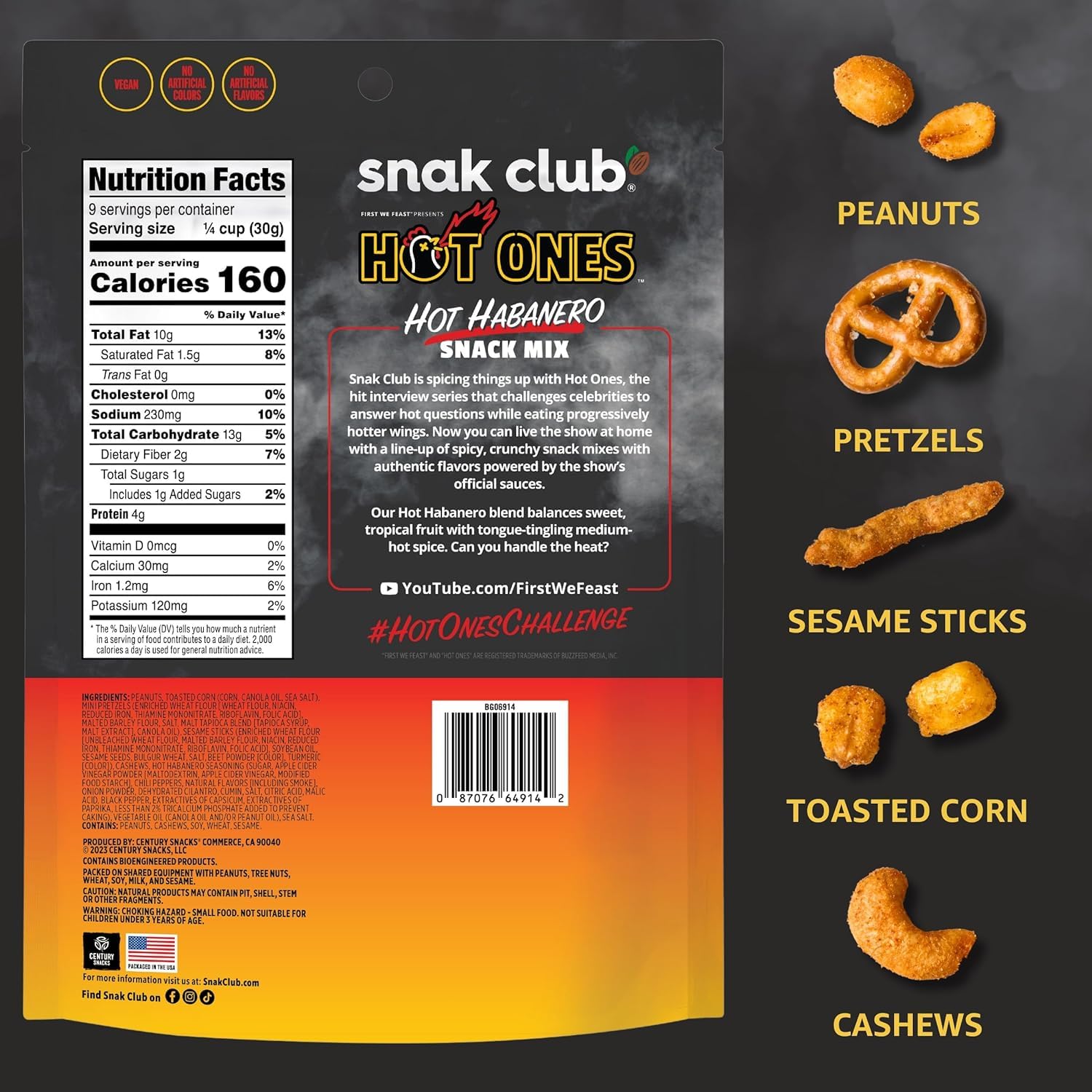 five-component mix: spicy peanuts, pretzels, sesame sticks, toasted corn, and cashews