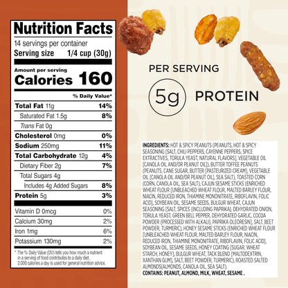 five distinct components: hot and spicy peanuts, butter toffee peanuts, toasted corn, cajun and honey sesame sticks, and almonds