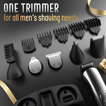 five guide combs including 1–4mm adjustable plus 3/6/9/12mm fixed combs, plus storage/display stand and cleaning brush
