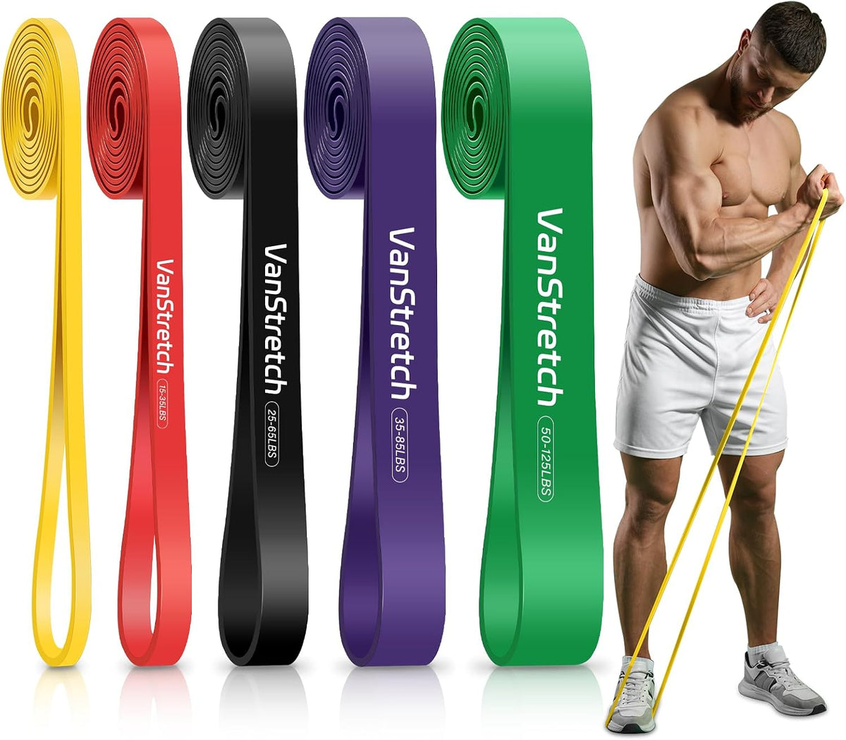 five-level resistance system with color-coded bands ranging from 5 lbs (yellow) to 125 lbs (green)