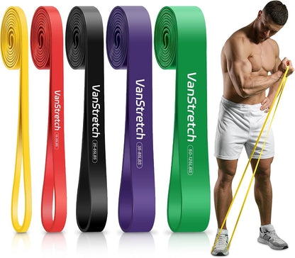 five-level resistance system with color-coded bands ranging from 5 lbs (yellow) to 125 lbs (green)