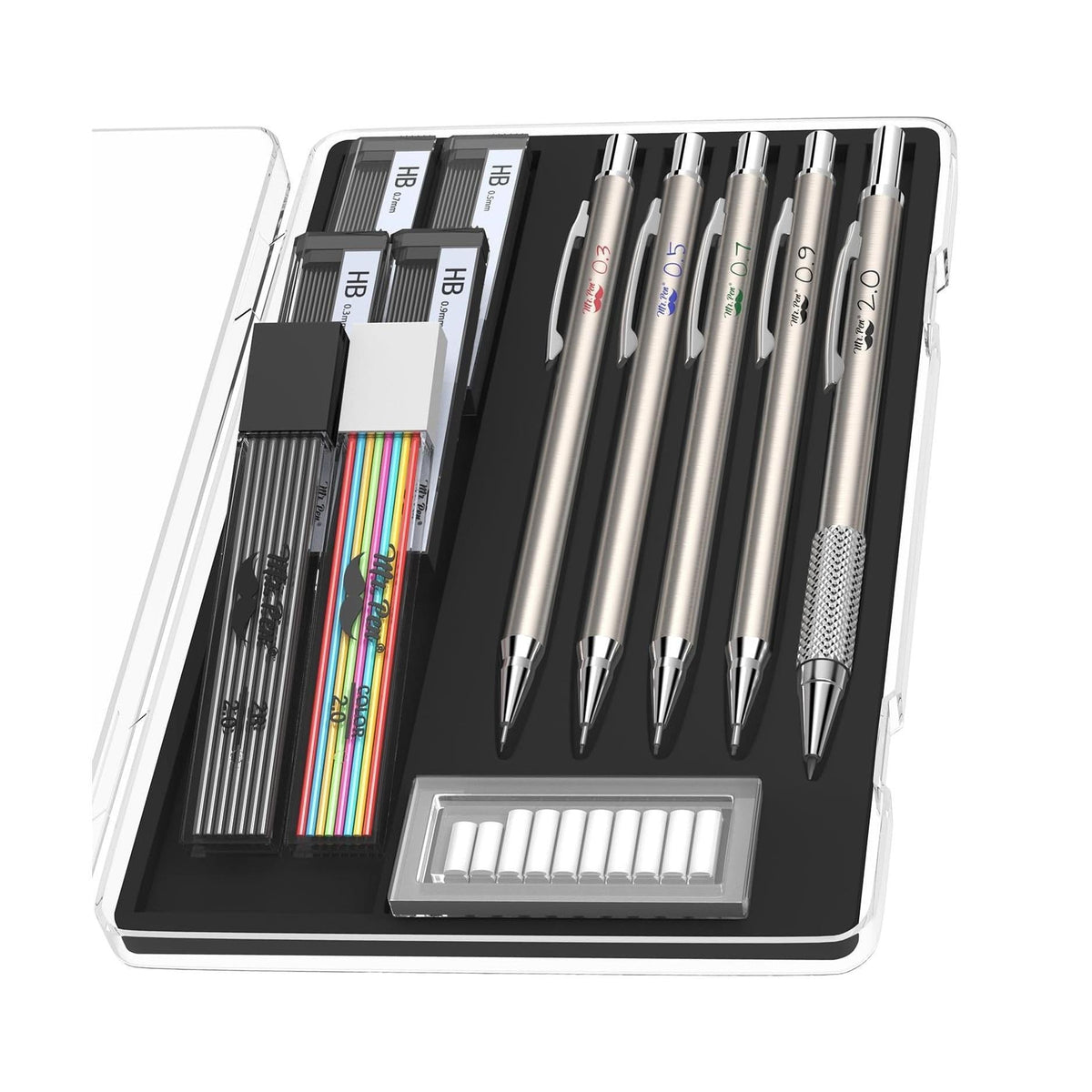 five mechanical pencils covering 0.3, 0.5, 0.7, 0.9, and 2.0mm lead diameters