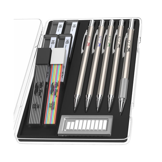five mechanical pencils covering 0.3, 0.5, 0.7, 0.9, and 2.0mm lead diameters
