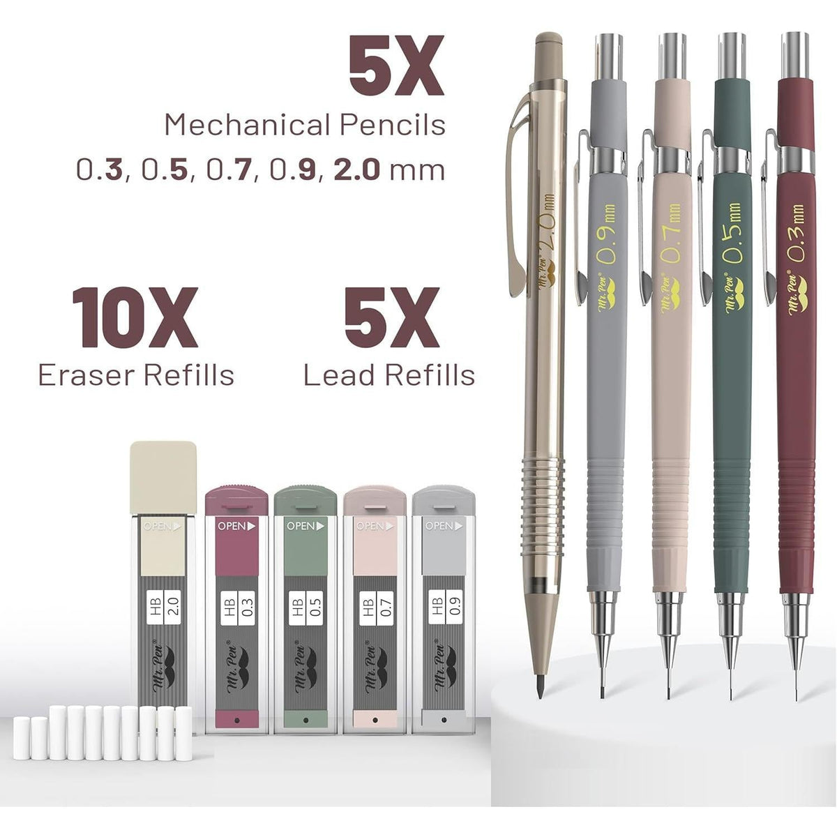 five mechanical pencils covering 0.3mm, 0.5mm, 0.7mm, 0.9mm, and 2.0mm tip sizes