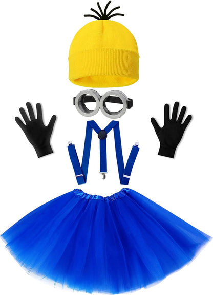 five-piece accessory set: steampunk goggles, yellow beanie hat, blue tutu skirt, blue suspenders, black gloves