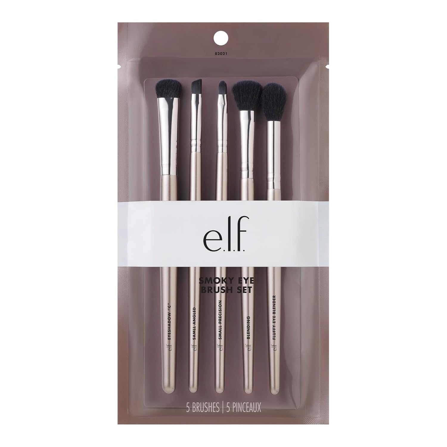 five specialized brushes: eyeshadow c, blending, small angled, small precision, and fluffy eye blender