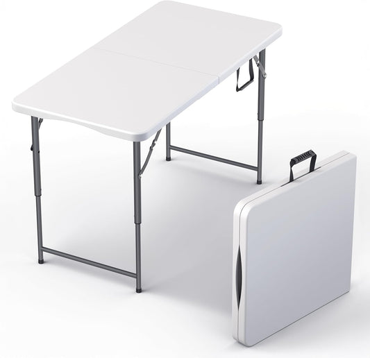 fold-in-half tabletop with built-in carry handles for compact transport and storage