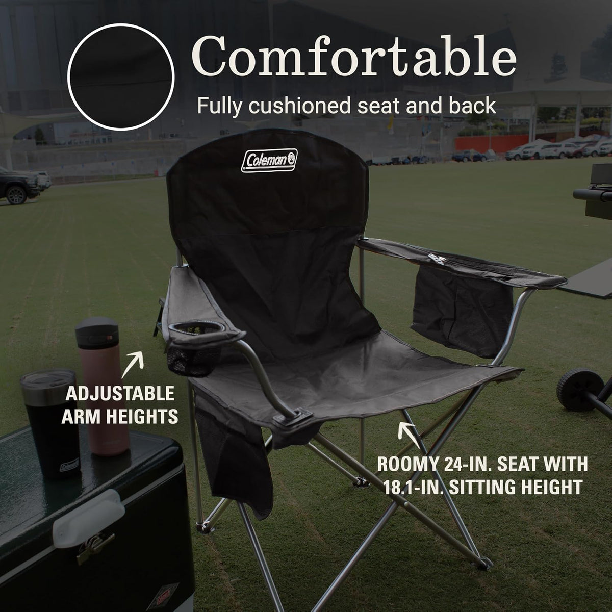 foldable quad-chair design with included carry bag and no-assembly setup