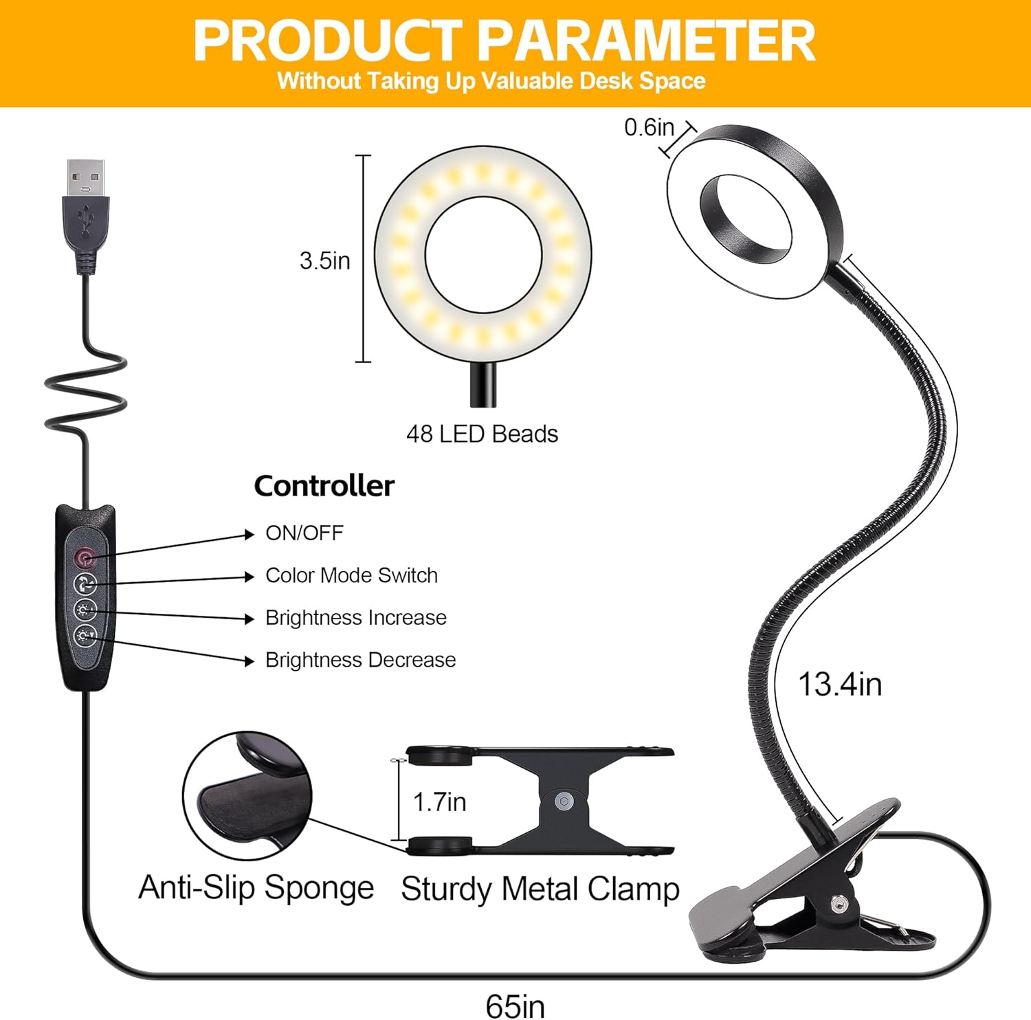 Foneso Clip-On LED Task Lamp for Home Office and Study – 30 Light Combinations, Tunable White for Focus, Memory Function Saves Your Setup