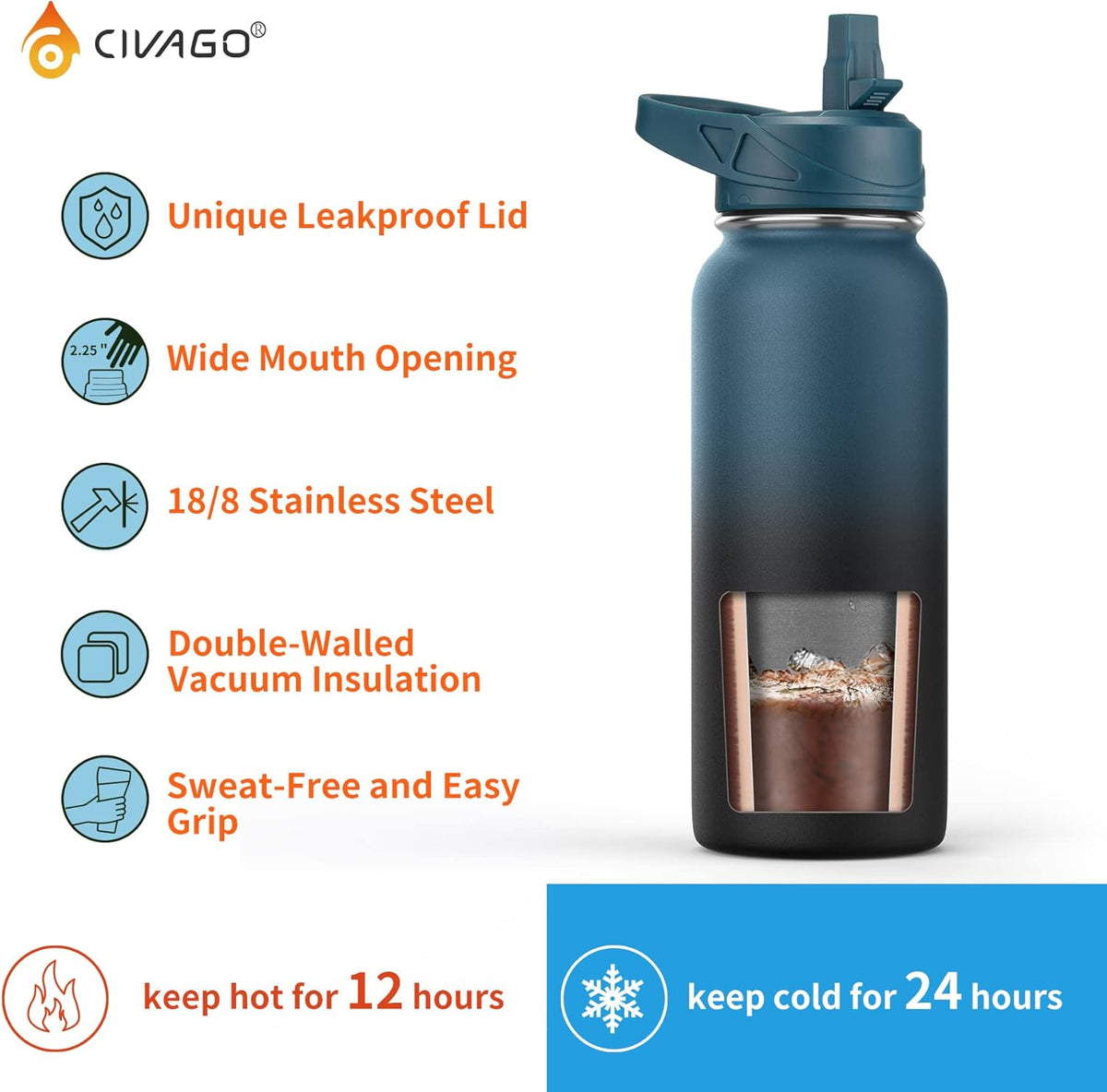 food-grade 304 stainless steel body, rust-free and bpa-free