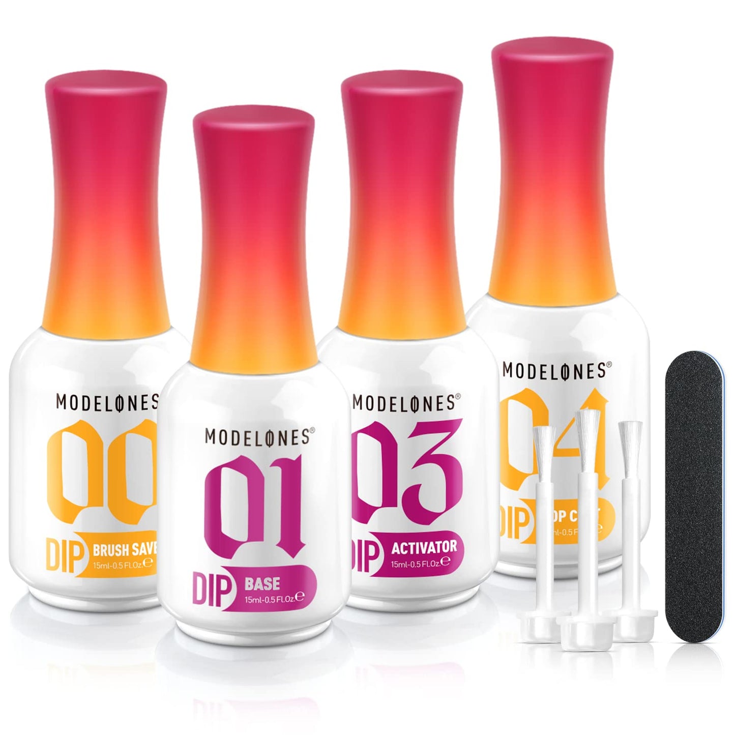 four 15ml/0.5oz liquids: base coat, top coat, activator, and brush saver