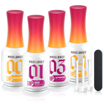 four 15ml/0.5oz liquids: base coat, top coat, activator, and brush saver