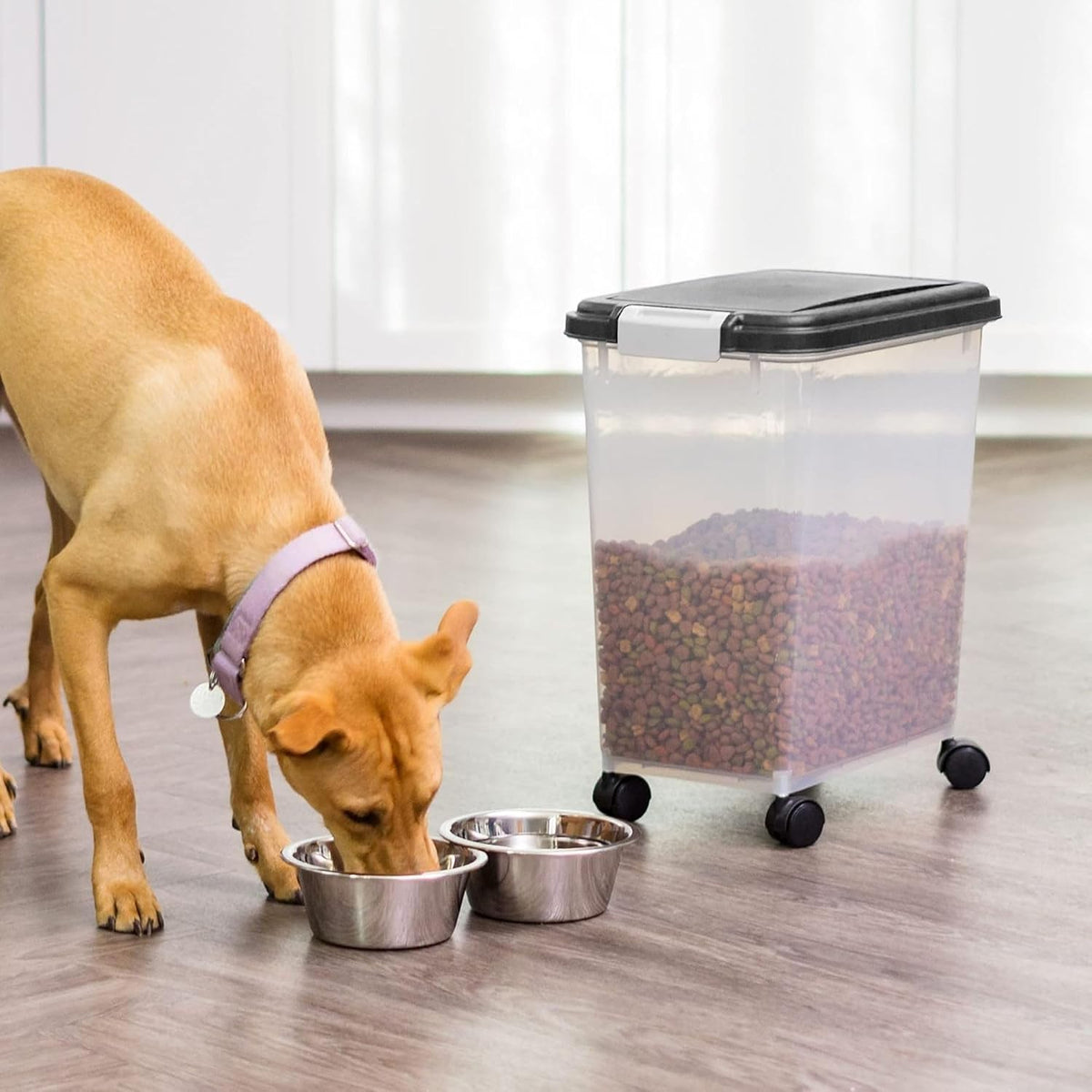 four attachable rolling casters for easy mobility from pantry to feeding station