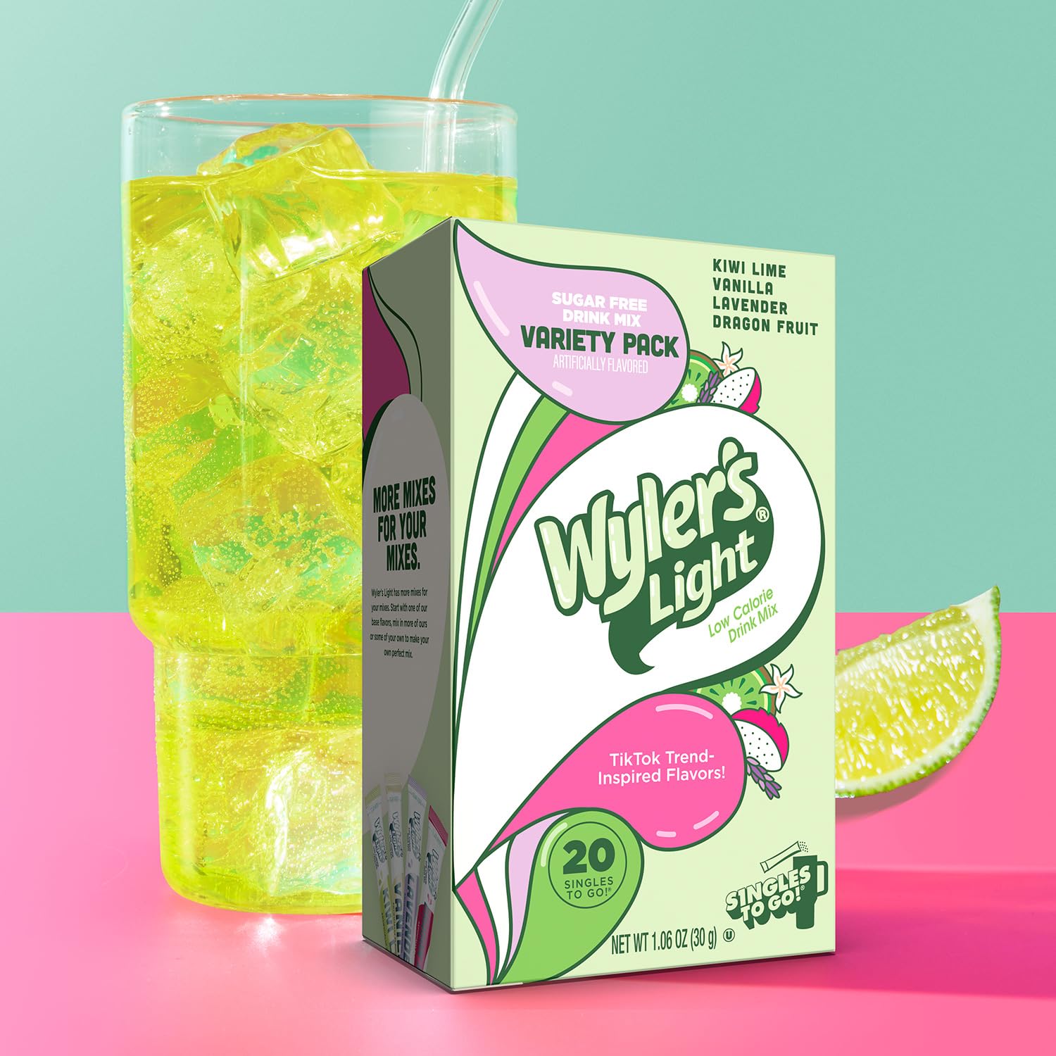four flavors in the watertok fun variety: pink wedding cake, bubble gum, butterfly dream, cosmic superhero