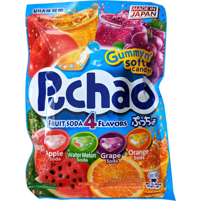 four fruit soda flavors: apple, watermelon, grape, and orange