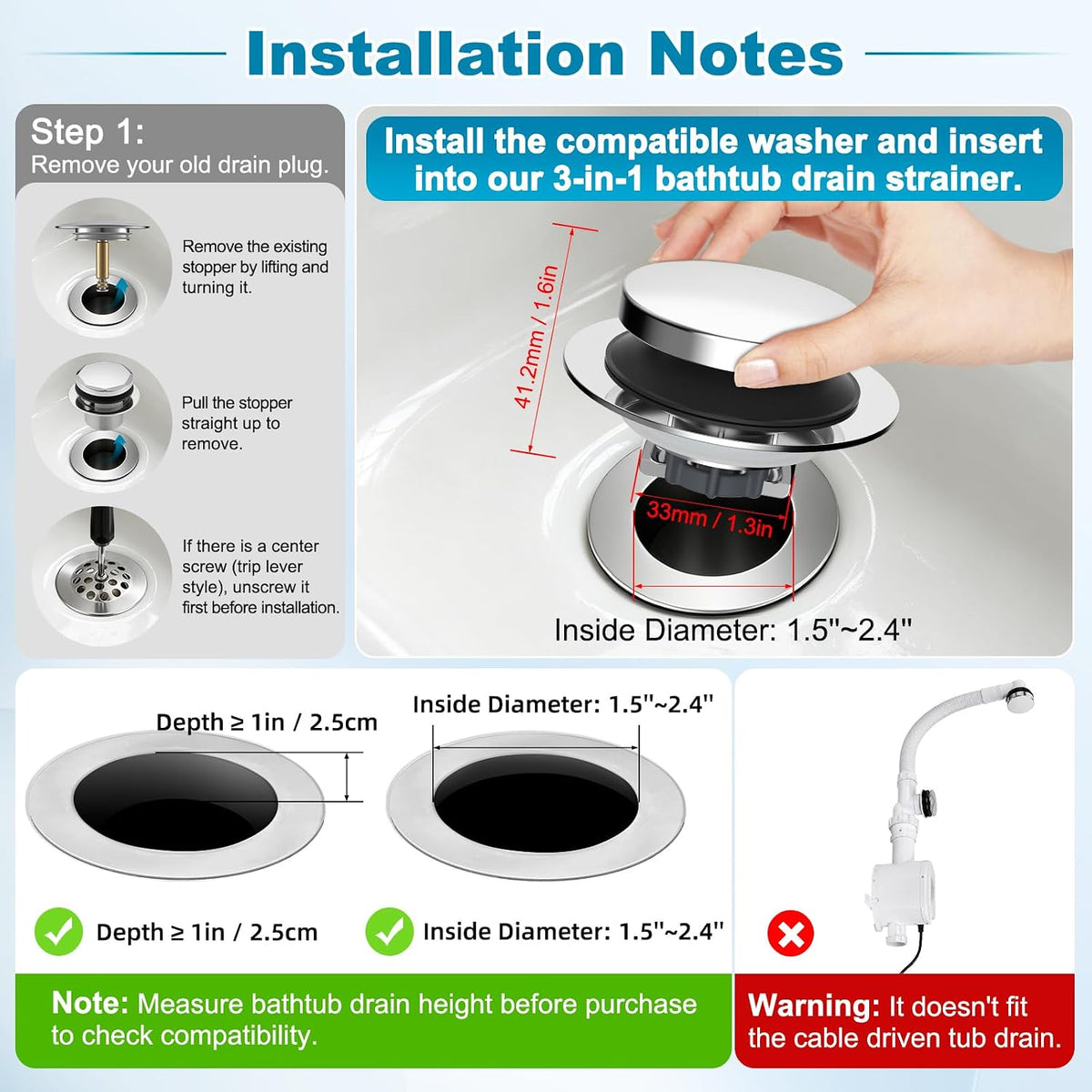 four interchangeable silicone rings for 1.5–2.4 inch drain compatibility